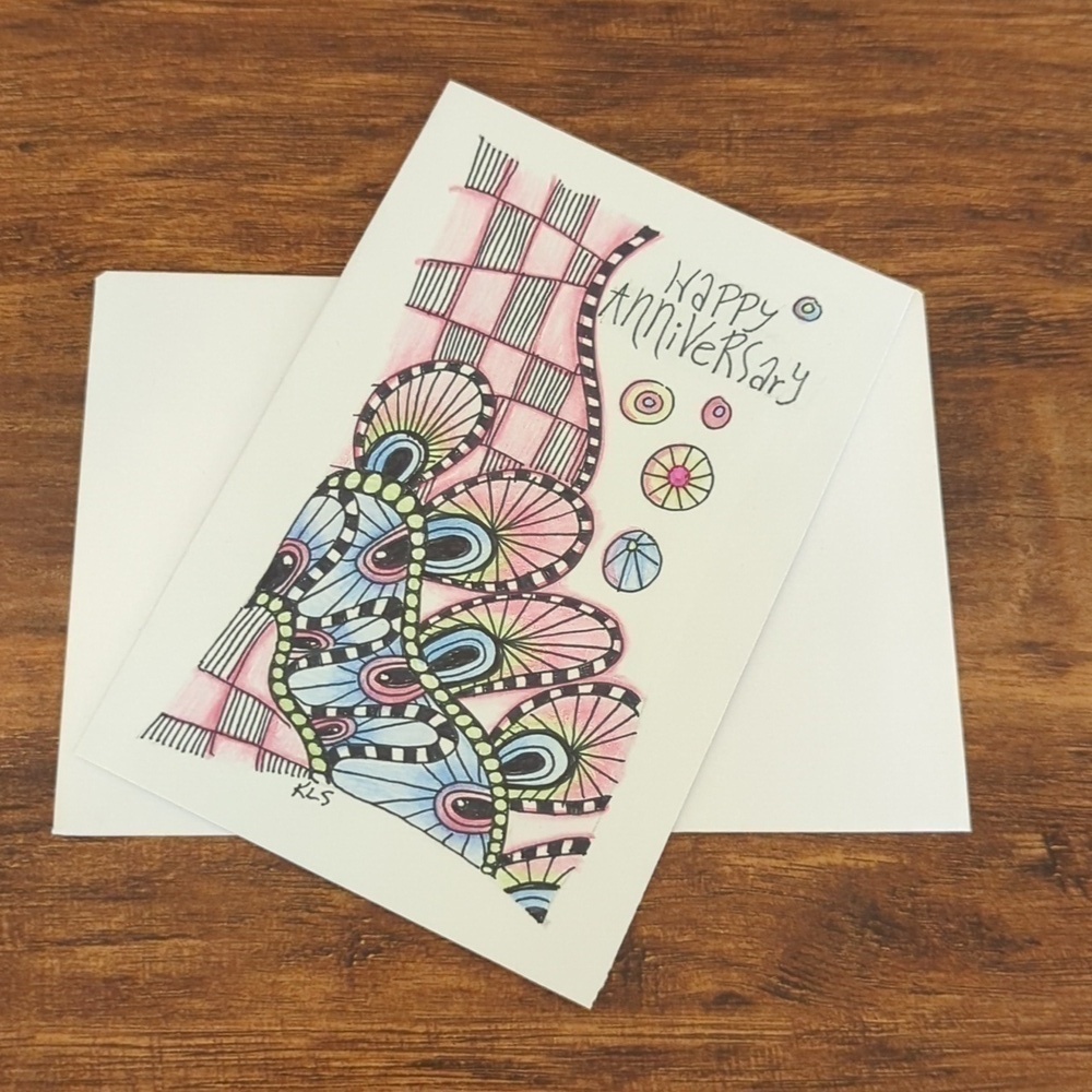 🌻 5/$20 Handmade Floral Zentangle Card- Pink, Blue & Black- Happy Anniversary
